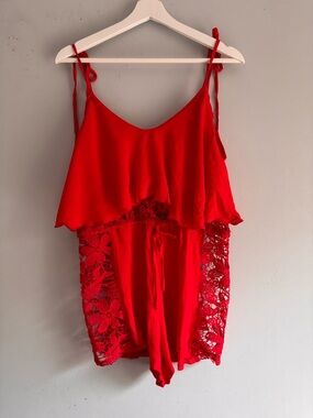 Wamiani Red Lace Romper Cover Up Boho Beach Tie Strap Size M
